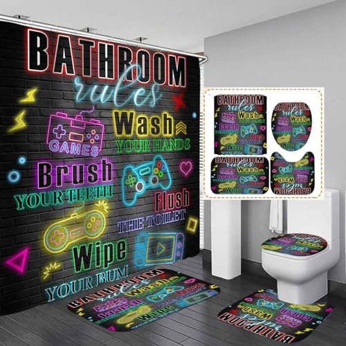 OLEBETY 4PCS Video Game Bathroom Rules Shower Curtain Sets with Rugs, Waterproof Fabric Shower Curtain, Colorful Neon Funny Quotes Gaming Controller Gamepad Gamer Cool Teen Boys Kids Bathroom Decor