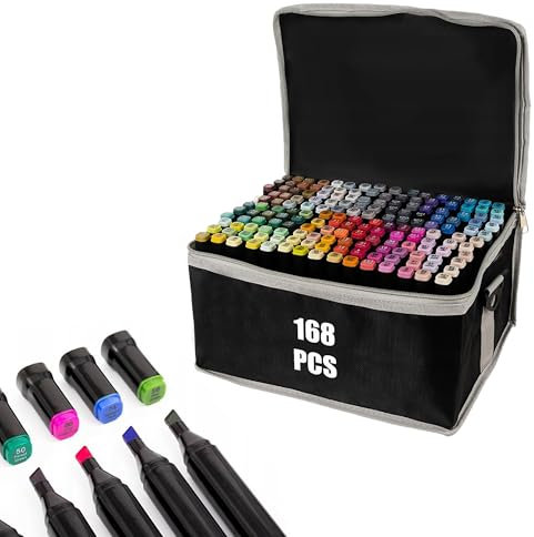 168 Farben Alcohol Marker Set, Marker Stifte Set für Manga/Design/Schule mit, Schnell Trocknende Alkohol Marker Set, Doppelseitige Marker Stifte, Filzstifte, Zeichnung, Ausmalen mit Tragetasche