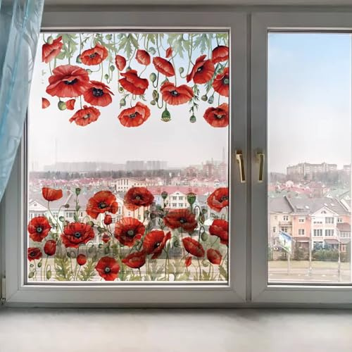 GORGECRAFT Adesivi per Finestre Grandi con Papaveri di Agosto Adesivi Statici per Porte Scorrevoli in Vetro Decorazione in Vinile Avviso per Camera da Letto Bagno Decalcomania Anticollisione 38x116cm