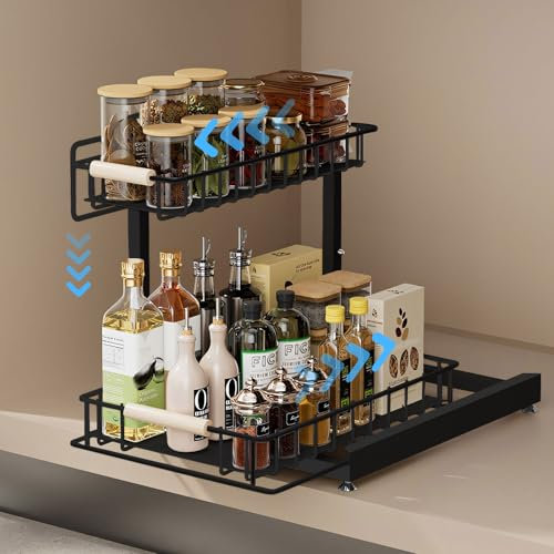 Gemsaya 2 Tier Under Sink Storage, Metal Pull Out Kitchen Under Sink Organiser, Under Sink Storage Kitchen Organiser with Sliding Drawer, Slide Out Sink Shelf for Kitchen Bathroom Cabinet (Black)