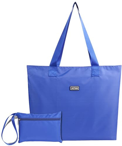 AOTIAN Große Faltbare Einkaufstasche Damen, Leicht Shopper Tasche, Blau | Tragetasche mit reißverschluss, Wiederverwendbar handtasche, Große kapazität, mit Klein gefaltet tasche, Ultraleicht, Tragbar