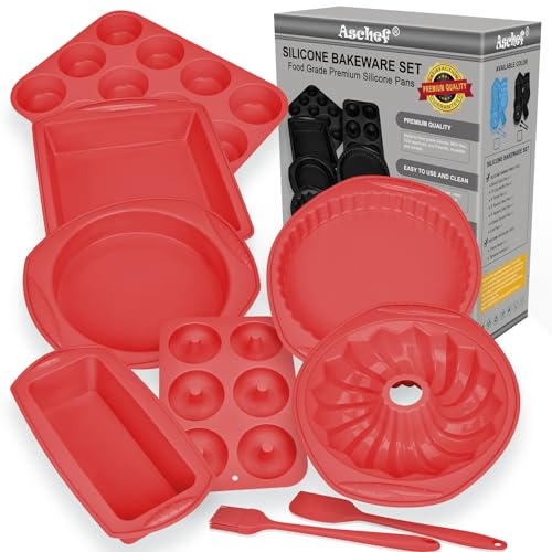 Economical 9in1 Nonstick Silicone Baking Cake Tin Pan Tray Moulds Sheet Set for Oven,Heat Resistant Bakeware Utensils Mold Tools for Pancake Donut Cupcake Bread Loaf Muffin Savarin