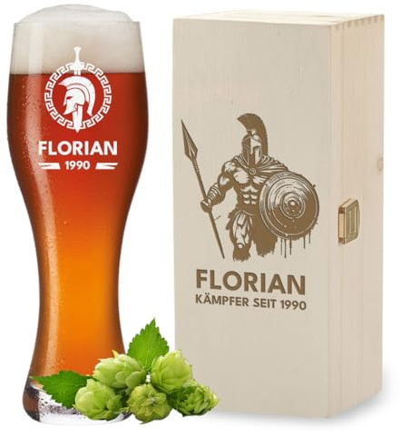 polar-effekt Weizenbierglas 0,5 Liter und Holzkiste mit personalisierter Gravur - Geburtstagsgeschenk für Männer - Spülmaschinenfestes Weißbierglas - BPA-Frei