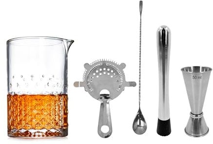 5-Piece Cocktail Mixing Glass Set – 24oz Durable Glass Mixing Jug with Weighted Base, Hawthorne Strainer, 25/50ml Jigger, Spoon & Muddler – Perfect for Home or Bar Use (Stainless Steel)