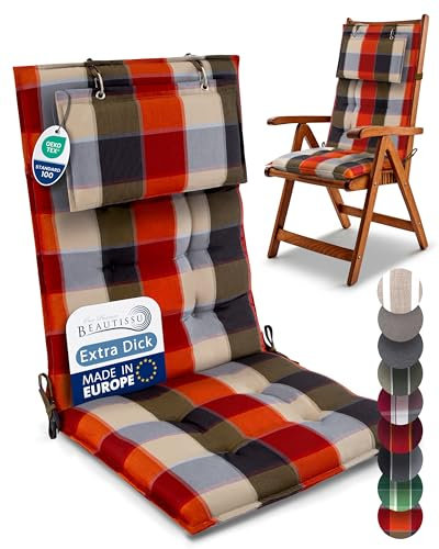 Beautissu 2er Set Premium Hochlehner Auflage Kopfpolster 120x50cm Sun-HL – 8cm Dick Polster Gartenstuhlauflage rutschfest Befestigungsbänder UV-Lichtechtheit 5 – Robust Stoff Orange Beige kariert