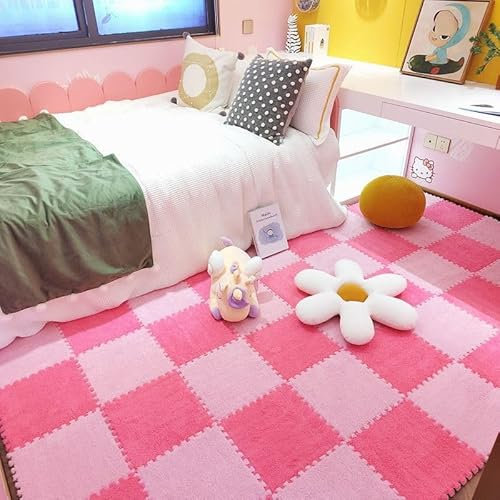 HCZKIUJY Splice-Ineinander greifender Teppich, 16-teiliges Ineinander greifen-Teppichpolster, Flauschige Teppichfliesen, ineinander greifender Plüschschaum-Teppich, Rutschfester P,Pink+Rose Red