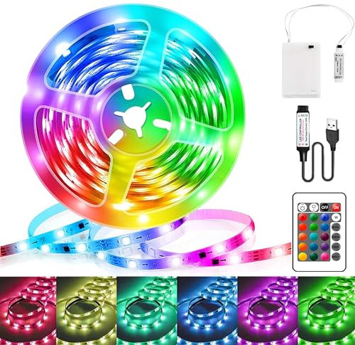 Kimuwote Striscia LED a Batteria, 2M 60 LED RGB 5050 con Telecomando, Funzionamento a Batteria o USB, 16 Colori 4 Modalità, Dimmerabile per TV Retroilluminazione, Camera da Letto Decorazioni