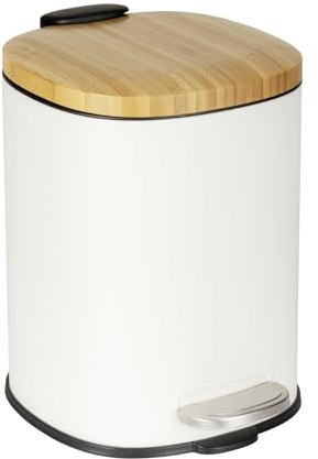 WENKO Kosmetikeimer Mod. Fianema Treteimer 3L weiß mit Bambusdeckel Easy-Close Absenkautomatik Metall Kunststoff 17 x 23,5 x 21 cm natur schwarz