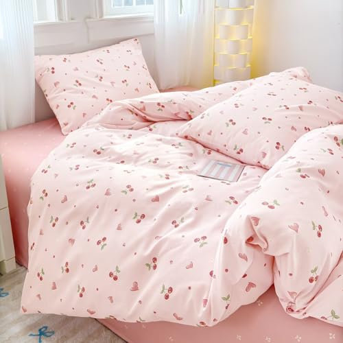 AShanlan Bettwäsche Baumwolle 135x200 Rosa Kirschen Herzen Muster Bettwäsche-Sets mit Reißverschluss ÖkoTex Zertifiziert - 1 Bettbezug 135 x 200 cm und 1 Kissenbezug 80x80 cm