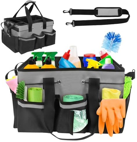 Panier de Nettoyage avec Poignée, Rangement Produits Menagers, Sac de Nettoyage Portable avec 5 Poches, Organiseur de Fournitures de Nettoyage avec Bandoulière Réglable, Pour La Maison La Voiture