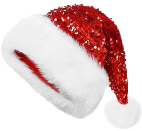 ULTECHNOVO Frau Claus hat Plüsch Erwachsene funkeln Dekoration Kind Form Urlaub Weihnachtsmütze aus Samt Neujahrshüte Pailletten-Weihnachtsmütze Weihnachtsmütze mit Pailletten PVC rot