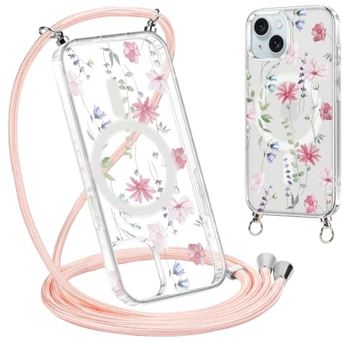 Krdvekm Funda con Cuerda para iPhone 15 Plus 6,7'', Aesthetic Flore Diseño Dibujos Magnética Transparente PC Compatible con MagSafe Carcasa con Cordón Colgante Collar Protector Choque Case, Rosa