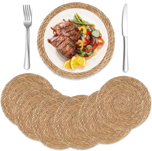 Exquilnova 6 Stück Tischset Rund Geflochten, 30cm Natürliche Platzset Rund aus Schilf, Rustikal Vintage Untersetzer Teller, Runde Platzdeckchen, Hitzebeständig und rutschfest, Boho Deko für Esstisch