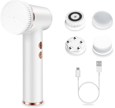4 in 1 Elektrische Gesichtsreinigungsbürste, 360 ° Drehbar Gesichtsreiniger mit 4 Bürstenköpfe ＆ 3 Geschwindigkeiten, Wasserdichte Gesichtsbürste für Tiefenreinigung und Gesichtsmassage (Weiß)