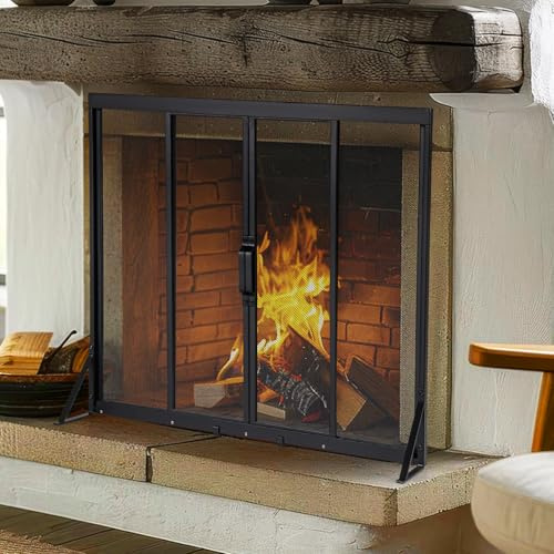 COSTWAY Funkenschutzgitter mit Schiebetüren, 89 x 72 cm, Kaminschutzgitter Metall, Kaminfunkenschutz freistehend, Kamin Funkenschutz Kamingitter schwarz