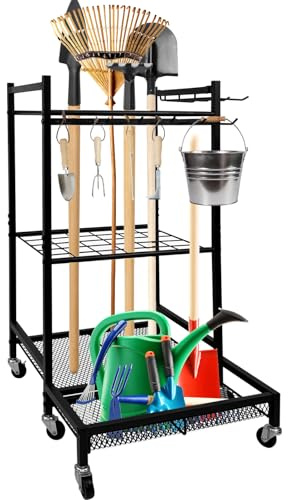 XYJBHB Gartengeräte Organizer mit Rollen, 3-stöckiges Metall-Regalsystem mit 30 Schlitzen & 10 Haken – Bewährter Gartenwerkzeug-Ständer (43x30x80cm) für Garage, Hof und Außenbereich