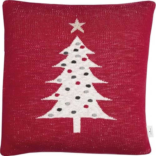 TOM TAILOR Weihnachtskissen rot – Kissenbezug Weihnachten – Weihnachtsbaum Baumwolle in Strickoptik – Couchkissen – Deko Kissenhülle 45x45 kuschelig, weich, für Sofa, Bett & als Geschenkidee