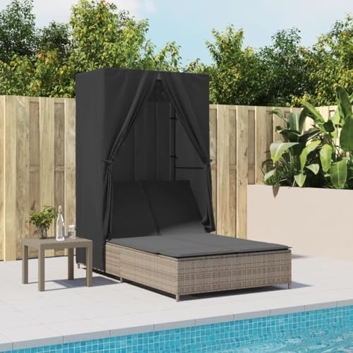 Frdhee Hochlehner Gartenstuhl Kosmetikliege,Doppel-Sonnenliege mit Dach und Vorhängen Grau Poly Rattan,Relaxliege für Innen und Außen