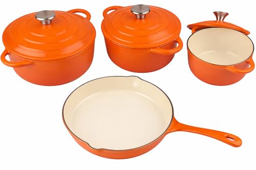 MY HOMIE Enamel Cast Iron Dutch Oven and Saucepan Set with 7 pcs Non Stick Pans Set, 3 Small Medium Large Dutch Ovens with Lid and 1 Sauce Pan, Gas Induction Cooker Compatible Cookware - (Orange)