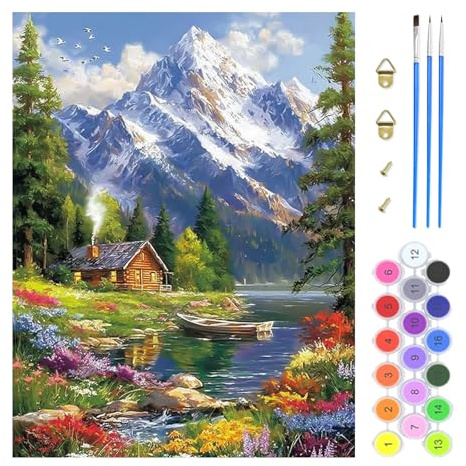 TOSTOG Peinture par Numéro Adulte Montagnes enneigées Peinture par Numéros pour Adulte maisons en bois Paint by Numbers Kit pour Décoration Murale et Cadeaux Pour La Maison(40×50cm)