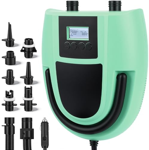 Pompa Elettrica per SUP, 12V con Spegnimento Automatico, Pressione Regolabile fino a 20 PSI e Display Digitale – Pompa ad Aria Elettrica con 7 Ugelli per Barche, Materassini, Piscine e Gommoni (Verde)