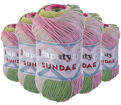 Papatya Sundae Strickgarn 5x100g – Selbstmusterndes Farbverlaufsgarn – Oeko-Tex Häkelgarn für Sommerkleidung & Accessoires