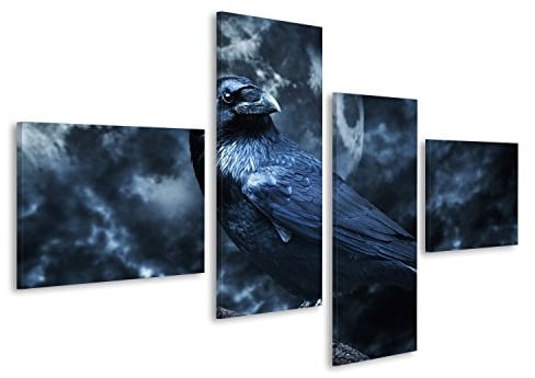 Bild Bilder auf Leinwand Schwarzer Rabe im Mondschein hockte auf Baum. Gruselig Wandbild, Poster, Leinwandbild LMG