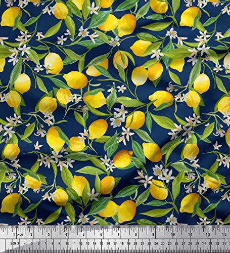 Soimoi Blau Baumwoll-Voile Stoff Blutter, Blumen und Zitrone Gemuse Stoff Meterware 42 Zoll breit
