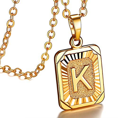 FOCALOOK Damen Buchstabe K Collier 18k vergoldet Initiale Rechteck Anhänger mit 50+5cm Rolokette goldene Modeschmuck Accessoire für Geburtstag Weihnachten Party