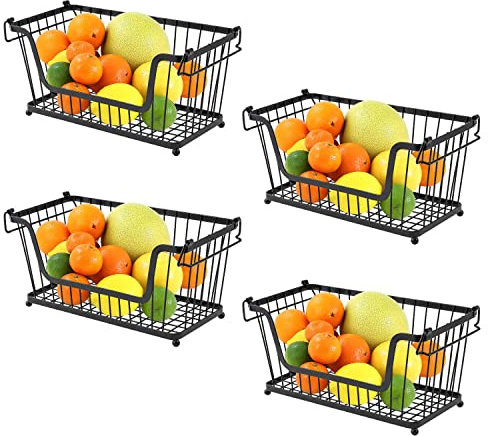 Taylor & Brown Set of 4 Black Storage Stacking Wire Basket Stackable Shelves Vegetable Food Kitchen Storage Rack Stand Bathroom Multi-Purpose Organiser with Adjustable Handles