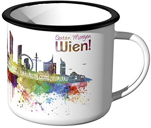 JUNIWORDS Emaille-Tasse, Guten Morgen Wien, Skyline Aquarell, Schwarzer Tassenrand