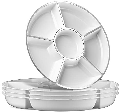 Plasticpro Lot de 4 plateaux de service ronds en plastique 6 sections Blanc et argenté