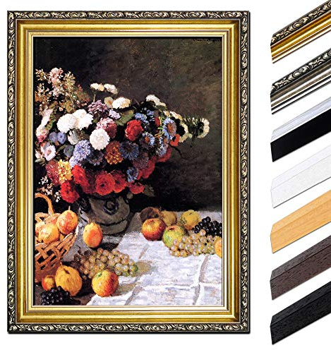 Bild mit Rahmen - Claude Monet Blumen und Früchte 60x80 cm - Gerahmtes Leinwandbild Alte Meister - Antiker Rahmen Gold Barock, Klassisch