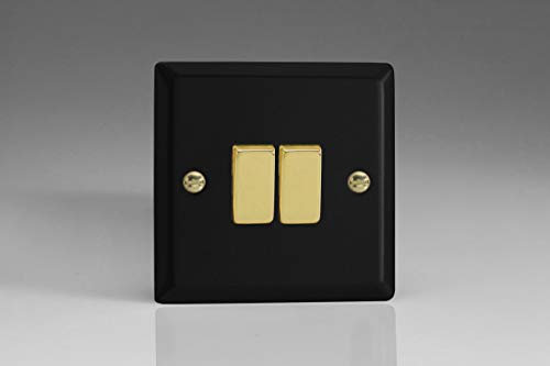 Varilight Double Light Switch 2-Way - Vogue Matt Black With Polished Brass Rockers