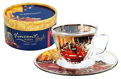 CARMANI - Einzigartiger Glasbemalter Kaffee-Espresso, Ristretto-Tasse mit Café-Terrasse bei Nacht von Vincent Van Gogh - 80 ml