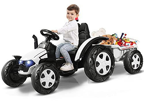 COSTWAY Trattore Elettrico per Bambini con Rimorchio, 2 in 1 Go Kart e Trattore per Bambini 3-8 Anni, con Telecomando e Cintura di Sicurezza a 2 Punti (Bianco)