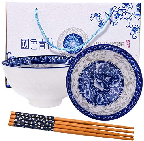 BOSILI Chinesische blaue und weiße Reisschale und Essstäbchen-Set, Keramik-Sushi-Schalen für Suppe, Snack, 2 Stück