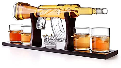 DONGSHUAI 800Ml Dekanter-Set Für Große Flaschen Im Pistolenstil Kugelglas, 4 Kugel-Whiskyglas, Elegantes Gewehr-Whiskyglas-Set Mit Kiefernboden