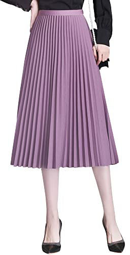 Camilife Damen Mädchen Plisseerock Midirock Damenrock in Mittlere Länge Silberfaser-Stricktuch Faltenrock Elastischer Bund für Frühling Herbst Rocklänge 75cm - Einfarbig Violett