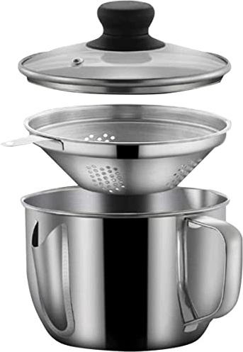 Elolicu Stainless Steel Fat Separator, 1000ML Gravy Grease Separator with Strainer and Glass Lid Oil Fat Separator Oil Strainer Pot Grease Can Gravy Separator Kitchen Cup Soup Oil Separator Cup