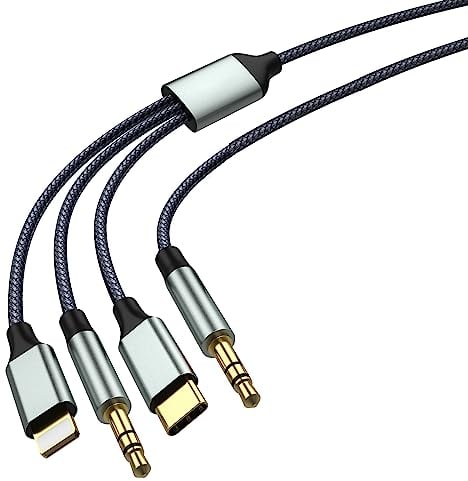 Apitiong Aux-Kabel für Telefon 11, USB-C-zu-Aux, 3,5-mm-Nylon-Aux-Kabel, Klinkenkabel (3-in-1-Aux) für Kopfhörer, Telefon, Pad, Pod, Smartphone, Autoradio, MP3, Kompatibel mit Lightning