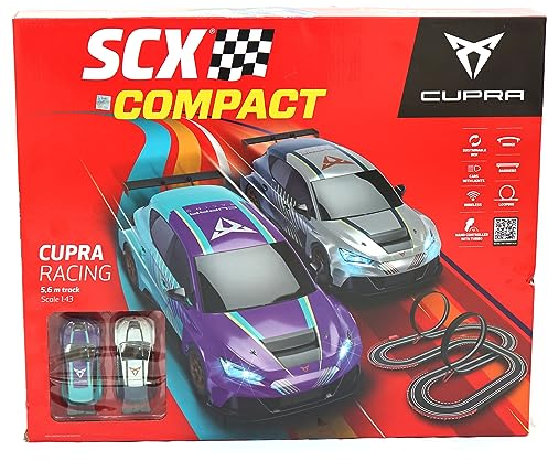 SCX Compact Cupra Racing Circuit 5,60 m of Track with: 2 Cars with Light -2 Wireless Controls Bridge Halterungen - Fenster - 2 Looping Transformer 12 V - Maße 114 x 107 cm