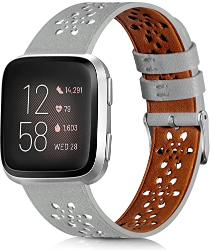 Lederarmband kompatibel mit Fitbit Versa 2 Armbändern,Fitbit Versa,Fitbit Versa SE, ausgehöhltes Spitzen-Design, weiches Leder-Ersatzarmband