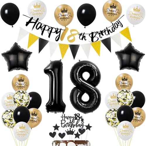 Luftballons 18 Geburtstag Deko Junge Mädchen, Banner 18 Geburtstag Girlande Deko 18. Geburtstag Mädchen Tortendeko 18. Geburtstag Junge Schwarz Gold Geburtstagsdeko 18 jahre Junge Mädchen Ballons