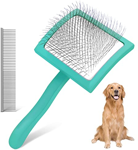 WOPQAEM Slicker Bürste Hund – Hundebürste mit Holzgriff für Langhaar – Entfernt Unterfell, Knoten & Verfilzungen – Für Pudel, Doodles, Cockapoo, Labradoodle & andere langhaarige Hunde – Grün
