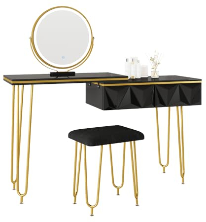 Vicco Schminktisch Bella, Schwarz Hochglanz, 120 cm mit LED Spiegel und Hocker