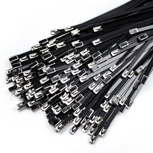 Kabelbinder 100pcs, 30CM 304 Edelstahl Mehrzweck-selbsthemmende Kabelbinder für Maschinen, Fahrzeuge, Bauernhöfe, Rohre, Dächer, Kabel und im Freien, sichere und langlebige Lösungen(Schwarz)