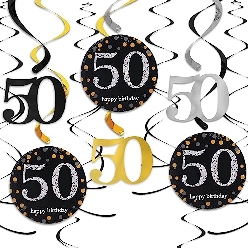 Wirbel Deko Schwarz Gold Spiralen Girlande Folien Deckenhänger DoppelSpiral Deko,Spiral Wirbel Girlanden 50 Geburtstag Deko Spiralen Set,für 50 Geburtstag, Hochzeit, Jubiläum oder Partydeko (50)