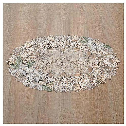 Deckchen Orchidee aus Echter Plauener Spitze gestickte Tischdecke mit Blumen-Muster in Creme 50 x 30 cm oval