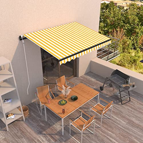 PURADAY Balkon Markise 350x250 cm Gelb und Weiß Stoff Sonnenmarkise Terrasse Höhe und Winkel Einstellbar Gelenkarmmarkise Automatisch UV-Schutzbehandlung Innenhöfen Cafes Restaurants
